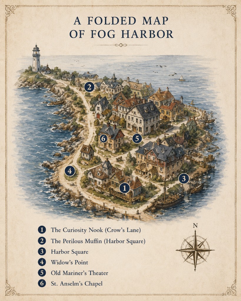 Illustrated map of Fog Harbor showing The Curiosity Nook, The Perilous Muffin, Harbor Square, Widow's Point, Old Mariner's Theater, and St. Anselm's Chapel